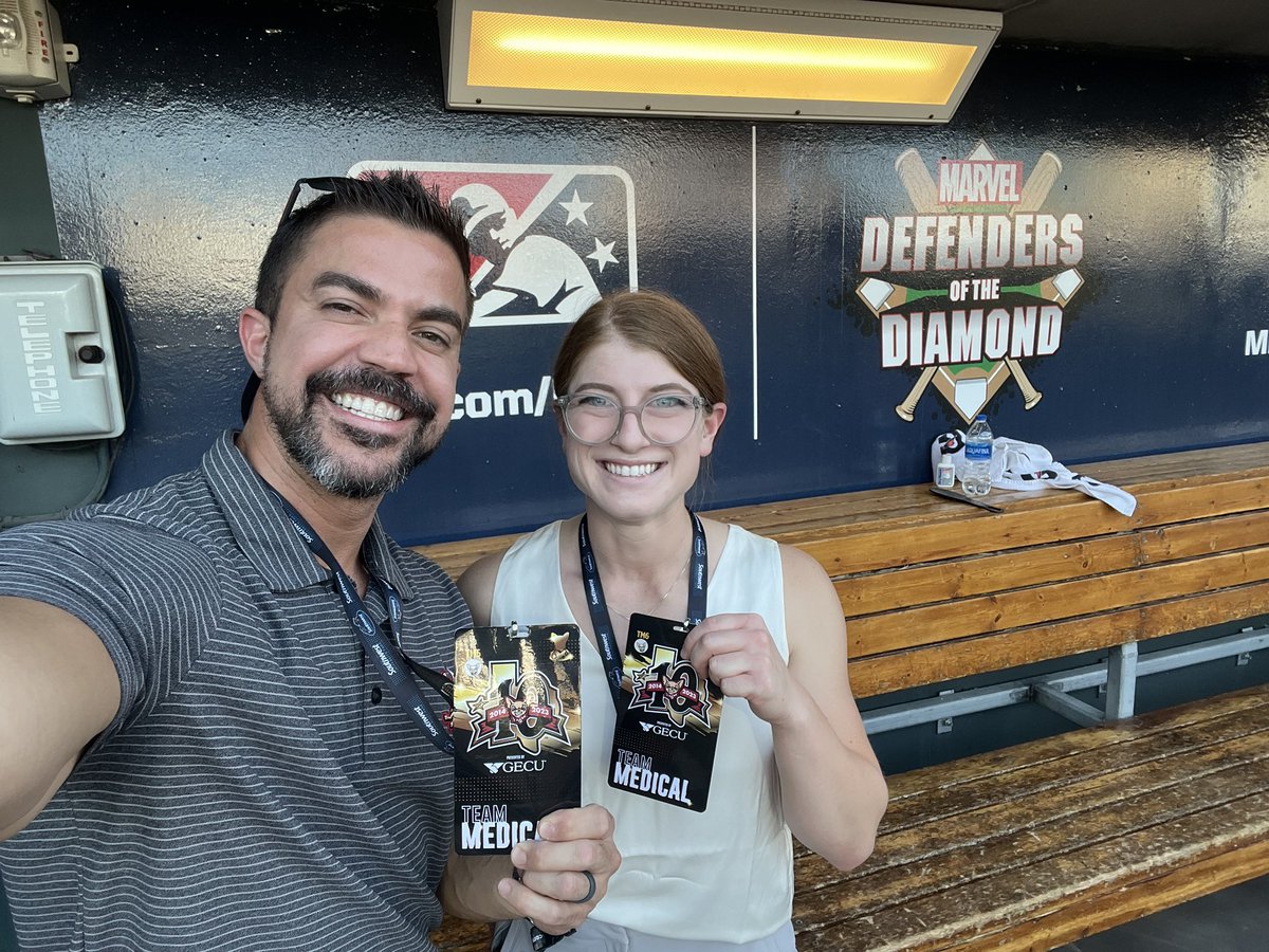 Views from the dugout! Dr. Arroyo, team surgeon for the Chihuahua’s, and PGY2 Alexis Sandler on his service covering the game - a fantastic exposure to sideline sports medicine 🔥 @williamarroyoMD 

#wbamcortho #ttuhsceportho #milortho