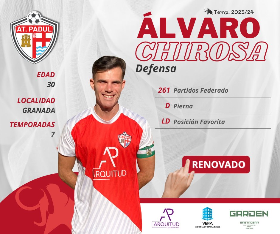 #Temporada2324 #AtPadul

Nuestro capitán, séptima temporada al pie del cañón. Álvaro Chirosa empieza la ronda de renovaciones para afrontar una nueva temporada con las ilusiones intactas, volviendo a nuestros orígenes. 

#ElPadul #Granada
