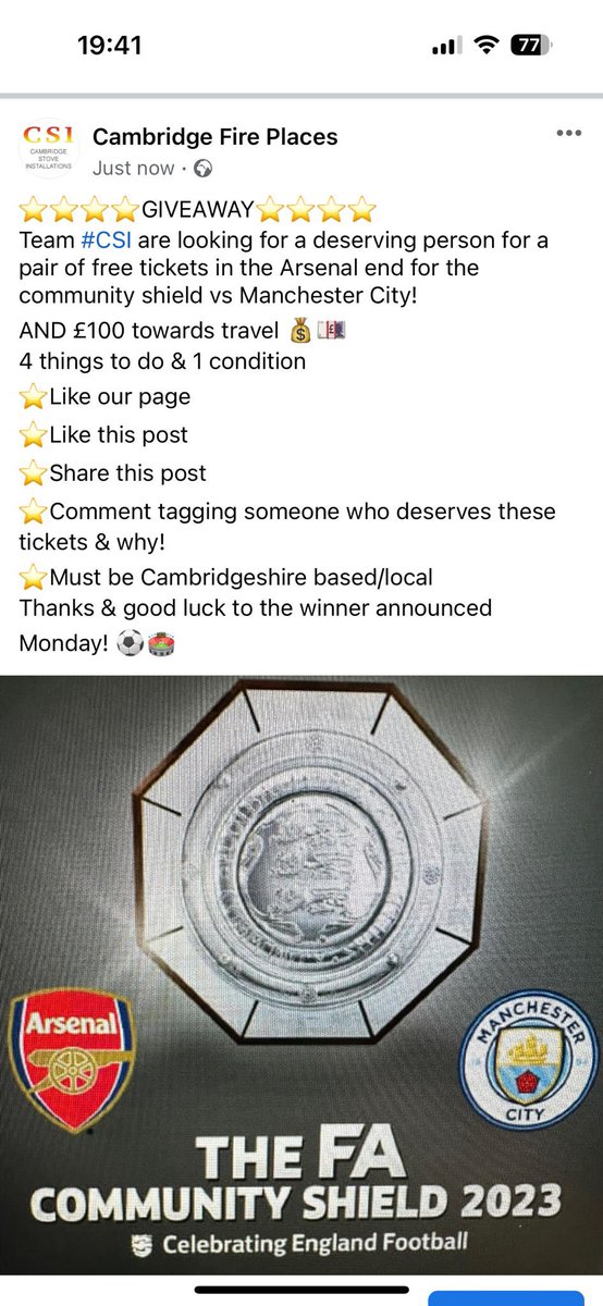 Please head over to #CSI #Facebook page to enter this competition/giveaway 
#Arsenal #Mancity #tickets #Football #AFC #MCFC #Cambridge