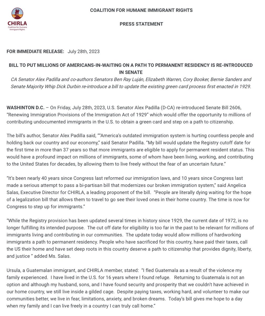 CHIRLA's tweet image. AMAZING news for undocu immigrants in the US! @SenAlexPadilla re-introduced the registry update bill that would provide a #pathtocitizenship to folks living in the US for 7+ years. #UpdateTheRegistry #S2606