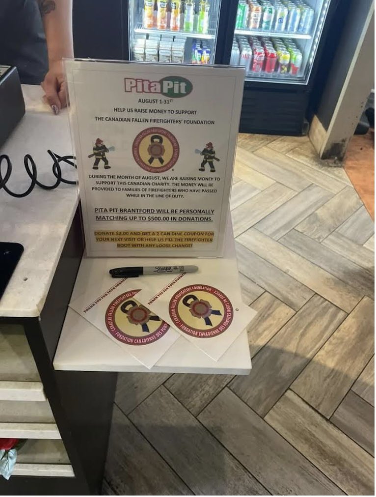 Thank you <a href="/PitaPitCanada/">Pita Pit Canada</a> Brantford locations for once again hosting a fundraiser for this years ride in support of the <a href="/CanFirefighters/">CFFF</a>. <a href="/ChrisSettimi/">Chris Settimi</a> <a href="/BrantfordFire/">Brantford Fire Department</a> <a href="/TorFireCeltic/">TORONTO FIRE CELTIC</a>