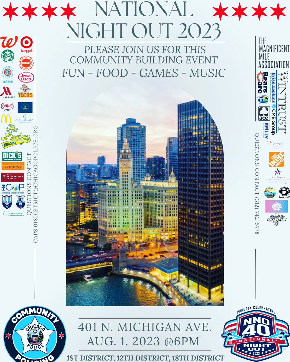 ChicagoCAPS01's tweet photo. Hello Chicago!! National Night Out is right around the corner we would like to invite everyone to join us and the @cpd18district and the @cpd12district  for a night of fun and festivities!! 
#fun #family #blockparty #windycity https://t.co/2o2FEjZQim