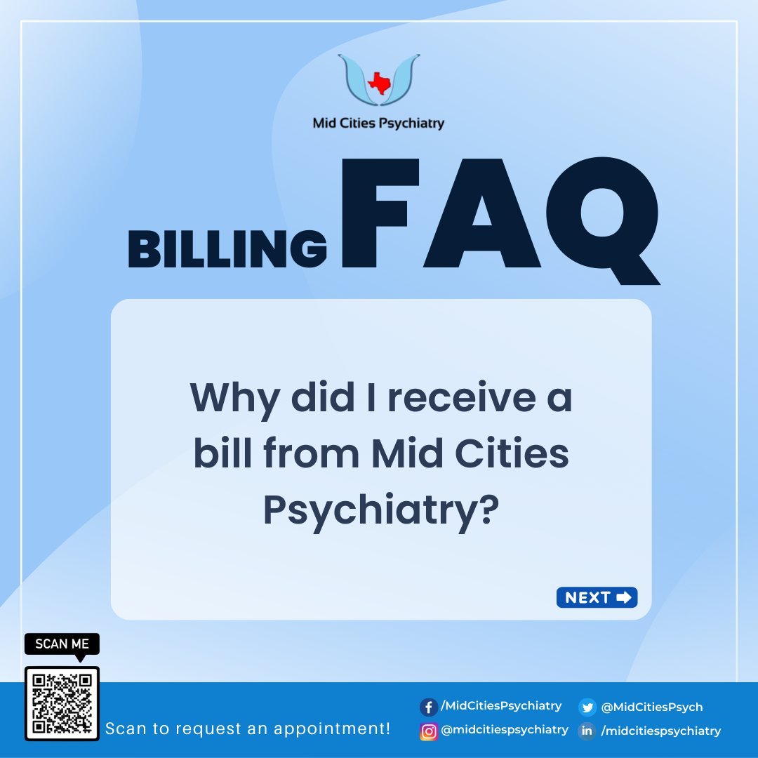 MidCitiesPsych's tweet photo. We are delighted that you have chosen Mid Cities Psychiatry as your primary care physician. 💙

Do you have billing questions?

Learn more here about the billing process that may help in answering your question:
https://t.co/i1FUsJYgXL https://t.co/3iBCoE5YAl