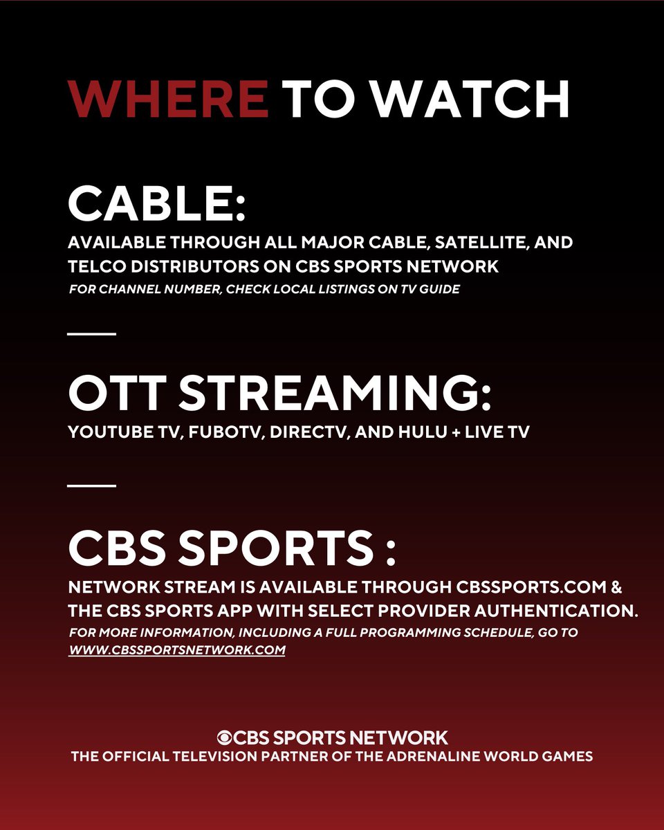 Adrenalinetl's tweet photo. BREAKING: CBS Sports Network is the official television partner of The Adrenaline World Games! 

Next Friday we will see the sport brought onto a mainstream platform broadcast into over 50 million homes in the US Alone. Thank you to all of our fans! ❤️ https://t.co/0hlLhXhRMo