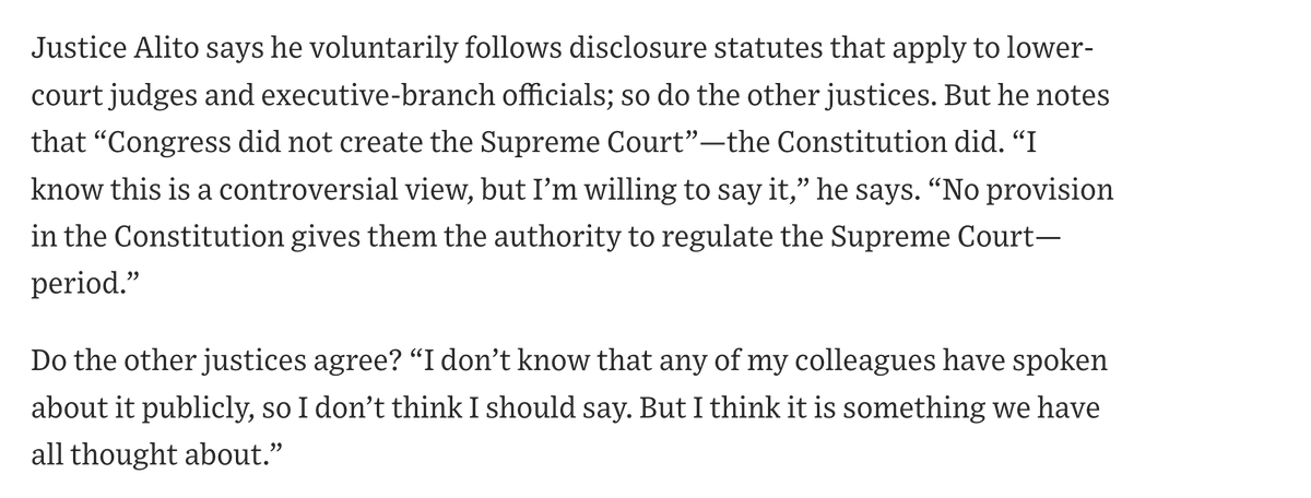 JustinElliott's tweet photo. This seems new:  Justice Alito tells WSJ editorial page he merely *voluntarily* follows the Ethics in Government Act, the disclosure law which explicitly applies to Supreme Court justices https://t.co/kpOtHTEHX6 https://t.co/0kTNr1ZBE4