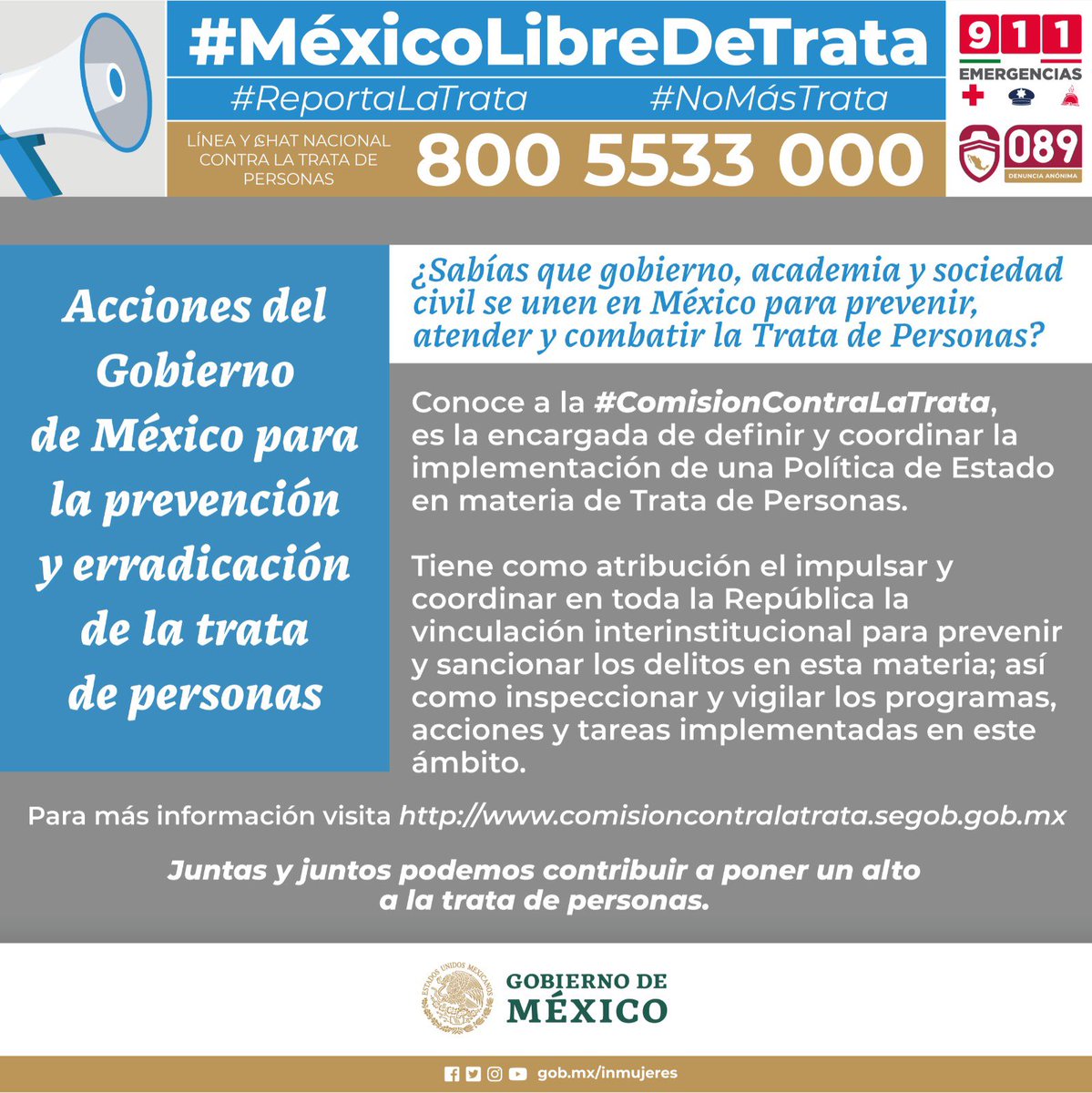La #ComisiónContraLaTrata es la encargada de definir y coordinar la implementación de políticas públicas en materia de trata de personas. 
💻Conoce más en comisioncontralatrata.segob.gob.mx 
🚨Denuncia al 0-89 o al 9-1-1
#LíneaNacional 800 5533 000
#ReportaLaTrata
#MéxicoLibreDeTrata