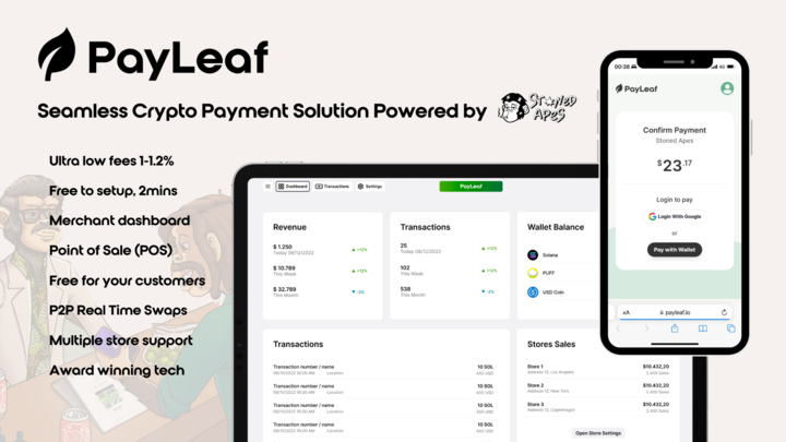 Debit cards have high fees, the POS systems are clunky and maintaining + purchasing those systems is time consuming and expensive

PayLeaf is free to set up, has low fees, is easy to manage and utilizes Solana blockchain tech to provide near-instant finality and P2P swaps