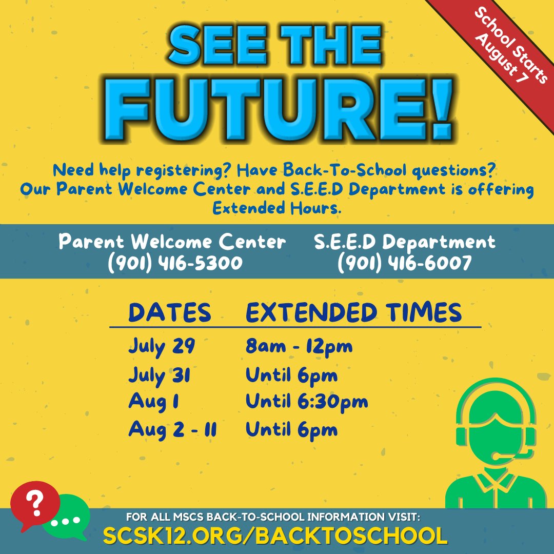 MSCSK12's tweet photo. Do you have questions about PowerSchool, registration, or any of our back-to-school processes? We're here to help! 
Our Parent Welcome Center &amp; S.E.E.D. Dept. will offer extended hours from Aug. 29, until Aug. 11. 
☎️Parent Welcome Center - 416-5300 
☎️S.E.E.D Dept - 416-6007 https://t.co/IvM7AWQPnG