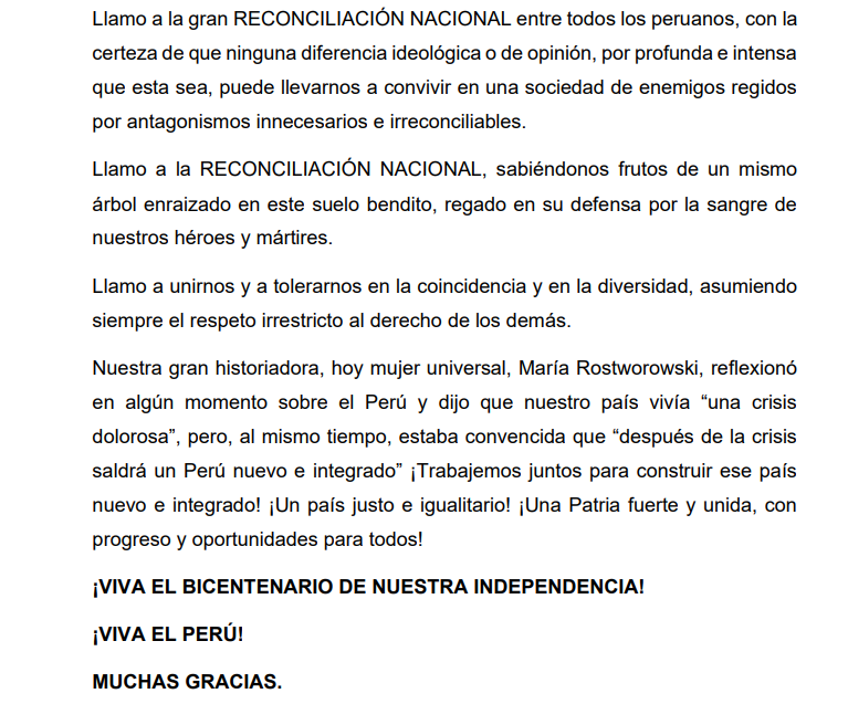 Cierre del mensaje de Dina Boluarte es con un llamado a la "reconciliación nacional", luego de los crímenes cometidos por su gobierno contra 49 compatriotas durante las protestas sociales.