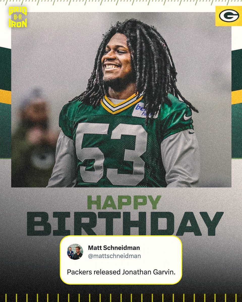 brgridiron's tweet photo. Packers released LB Jonathan Garvin today

They wished him happy birthday just hours before cutting him 😅

(via @packers, @mattschneidman) https://t.co/s7P85Dtoxm