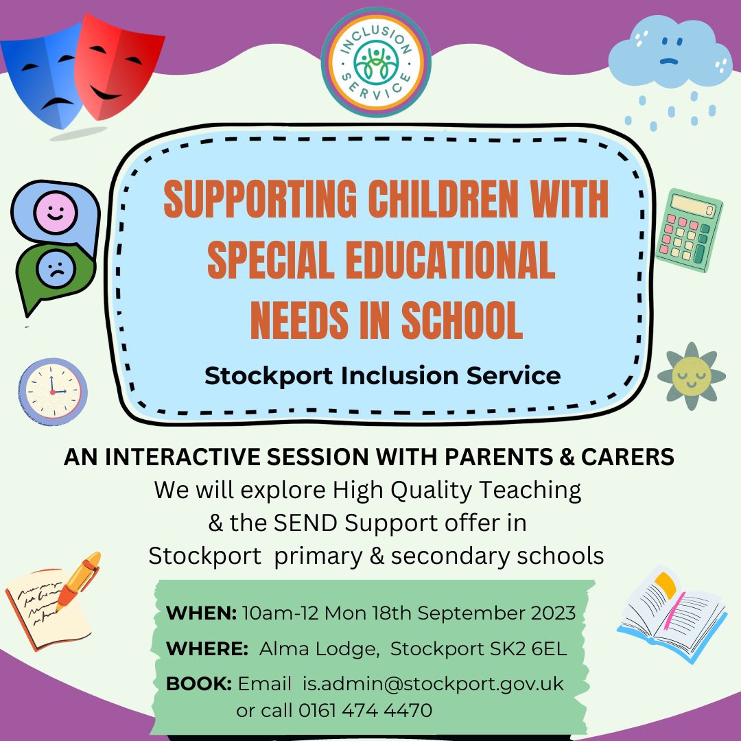 Supporting children with special educational needs in schools.

Monday 18th September 2023, 10am to 12pm at the Alma Lodge Hotel.

Email is.admin@stockport.gov.uk or call 0161 474 4470.