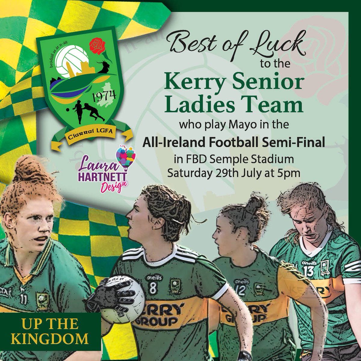 DesignHartnett's tweet photo. Wishing the very best of luck to @kerryladiesfoot in the All Ireland Semi Final tomorrow 💚💛
.
.
.
#laurahartnettdesign 
#kerry #kerrylgfa #kerryladies #ciarraíabú #kerryvmayo https://t.co/twWEpskMml
