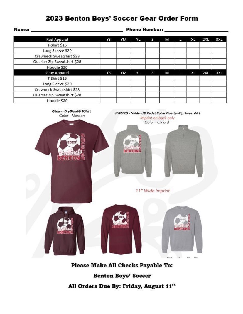 Soccer season is just around the corner! Be sure to look your best and support your favorite team! Order your Benton Boys' Soccer Gear Today! 

All checks make payable to Benton Boys' Soccer 

Orders are due by Friday, August 11th
