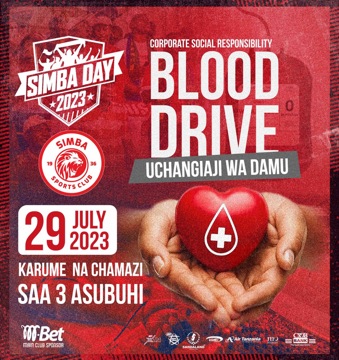 SimbaSCTanzania's tweet photo. Uzinduzi wa Simba Week 2023 tutaanza kwa zoezi la kuchangia damu katika eneo la Karume na Chamazi, Dar es Salaam.

Kwa mashabiki wa maeneo mengine wanaweza kutuma video au picha za matukio yao kupitia WhatsApp kwa namba +255 657 525 454. #SimbaWeek2023 #UnyamaMwingi #NguvuMoja https://t.co/Rwa19m1R7x