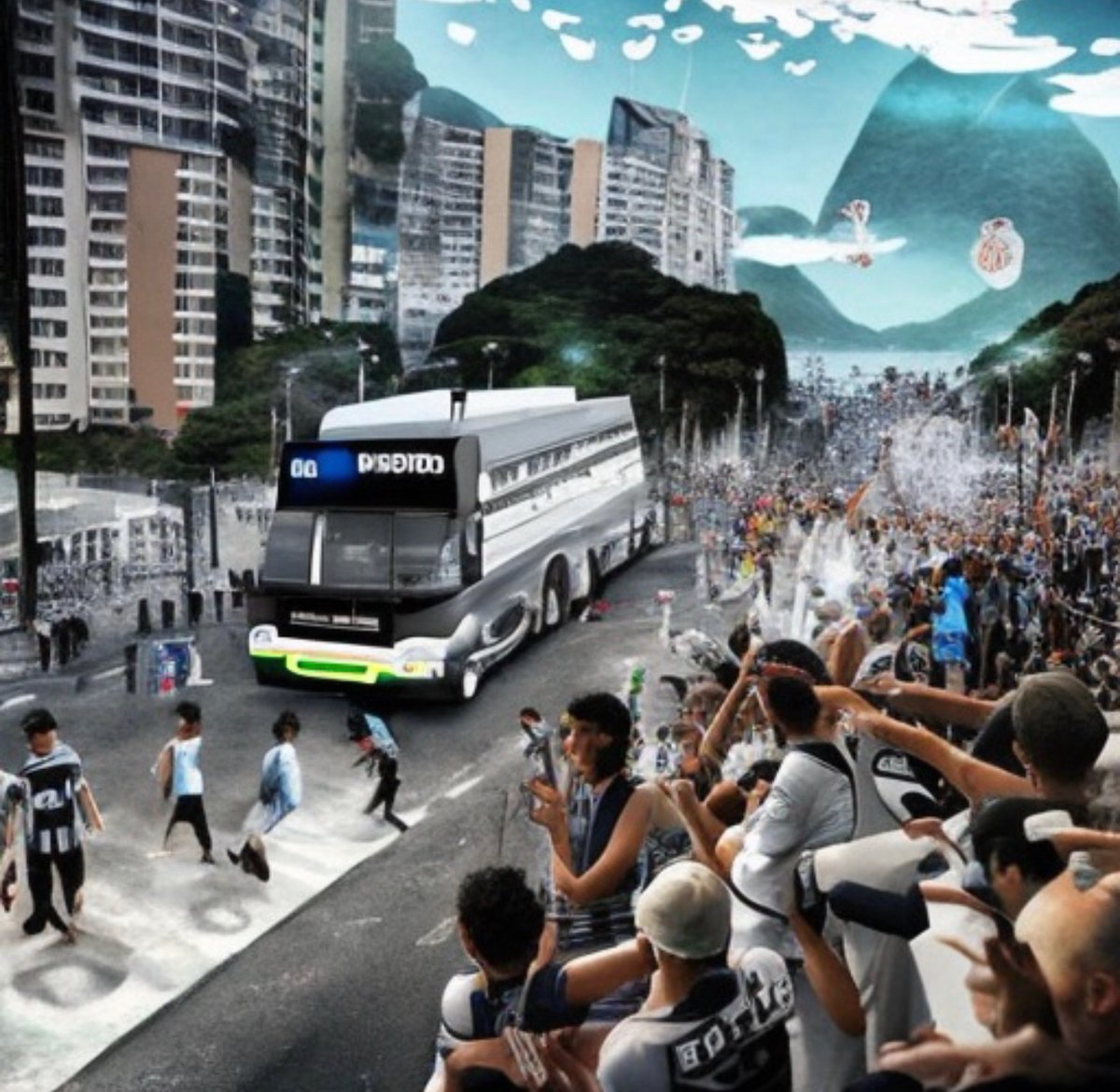 botafogohinchas's tweet photo. Torcida do Botafogo recebendo ônibus do clube 🔥⚫️⚪️ 

🎨 Inteligência artificial https://t.co/05ZO1hWnGX