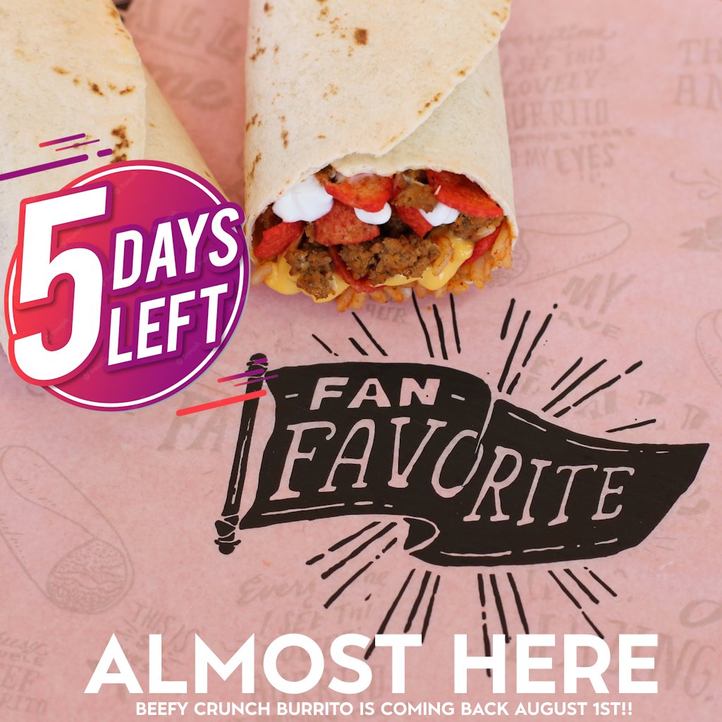 bcbmovement's tweet photo. 5 days to go til the Beefy Crunch Burrito is back at Taco Bell! SPREAD THE WORD. #BeefyCrunchMovement https://t.co/04IMZMBYst