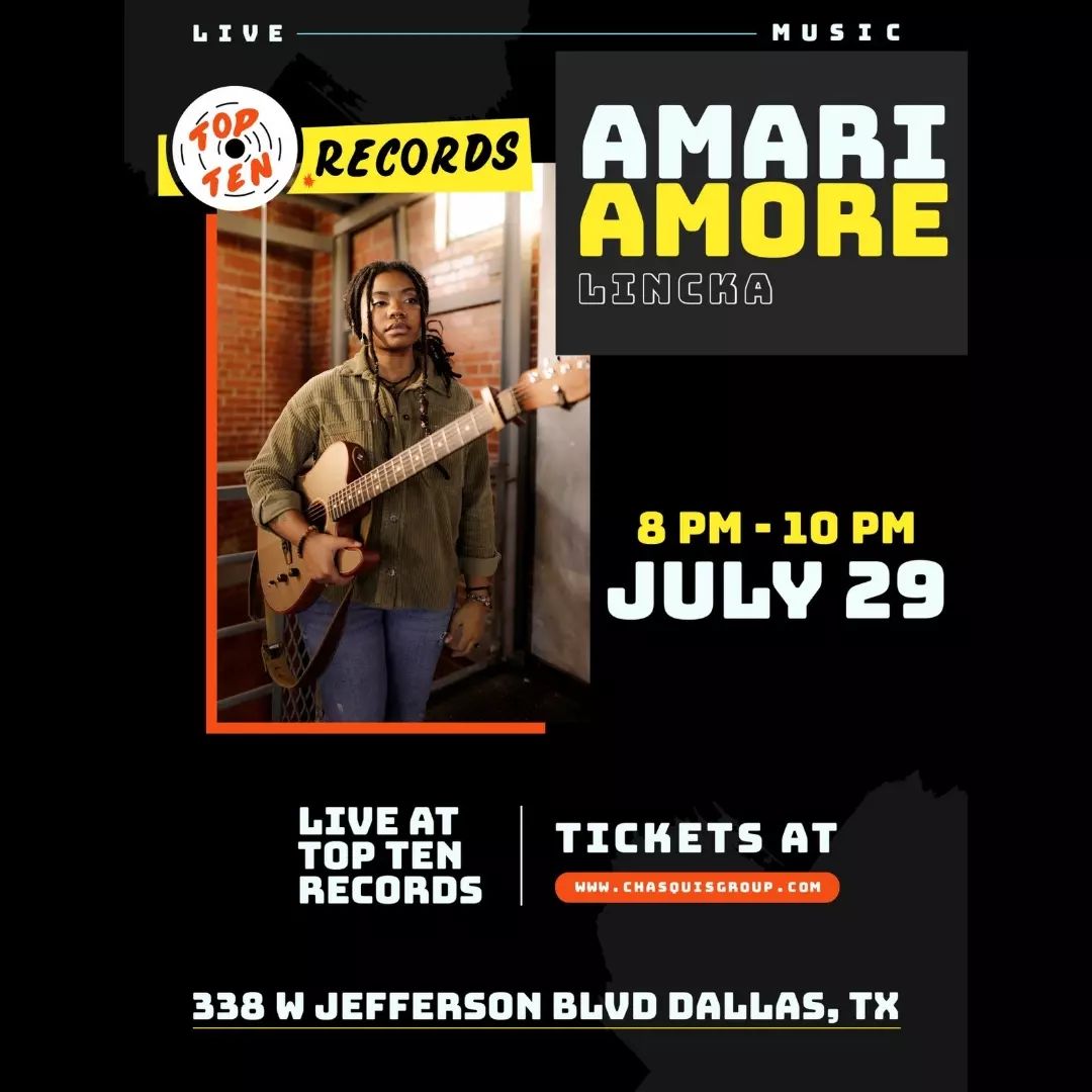 TopTenRecords56's tweet photo. SATURDAY JULY 29
Chasquis &amp; Top Ten Records Present:
Amari Amore w/ Lincka

Shop open at 12pm
Doors at 7pm
Show 8pm - 10pm
$10 suggested donation https://t.co/EtQXnhW6be