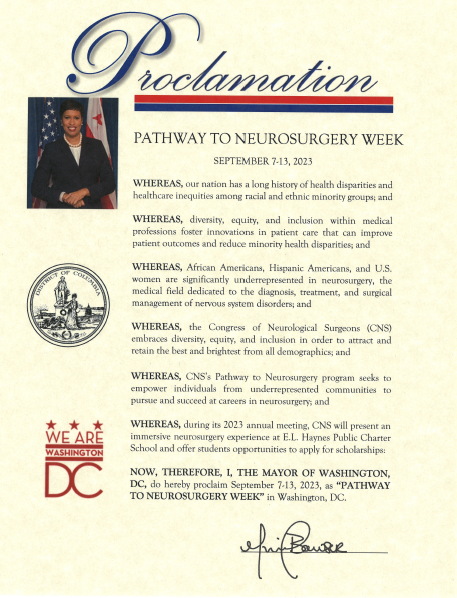 KatieOrrico's tweet image. Thank you @MayorBowser for recognizing the @CNS_Update #PathwaytoNeurosurgery program! We are excited to introduce students from @ELHaynesPCS to the field of #neurosurgery &amp;amp; hope to inspire them to consider neurosurgery as a career to better serve all communities in the U.S. #DEI