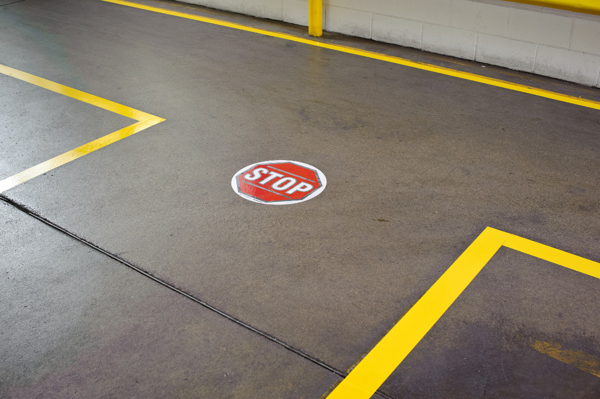 Lean Visuals Life Hack #114: In addition to marking lanes, use precautionary signals or floor signs at intersections where people and vehicle traffic unavoidably meet.