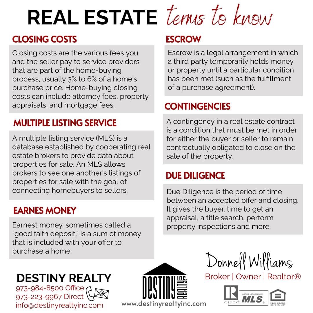 DestinyBroker's tweet photo. #realestateterms #closingcosts #escrow #contingencies #MultipleListingService #earnestmoney #duediligence #Letstalkrealestate #heretohelp #callme #donnellismybroker #realtor #destinyrealty #destinybroker https://t.co/P7cZ9aUARD