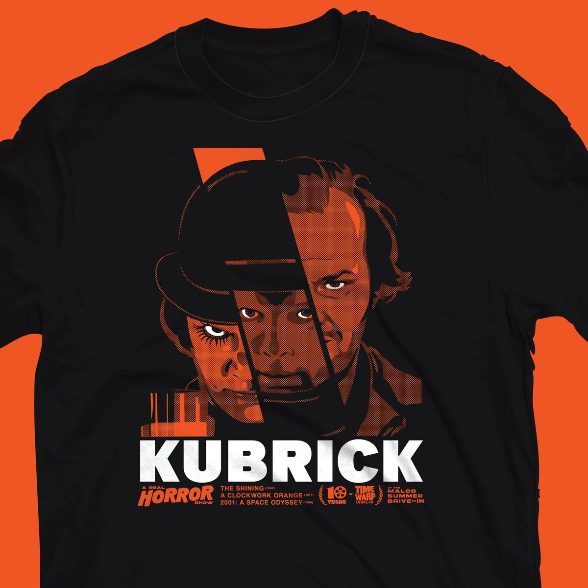 holtermonster's tweet photo. I half-toned my poster art for tomorrow night’s Kubrick Time Warp Drive-In and made a special limited edition tee! Drop by my booth before the films roll to snag! https://t.co/AzutPJUqTE
