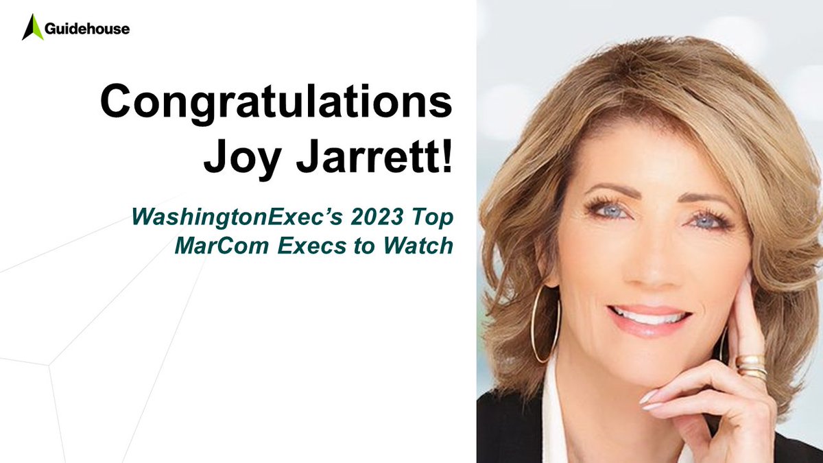Please join us in congratulating <a href="/Guidehouse/">Guidehouse</a> CMO, Joy Jarrett, for being named a Top MarCom Exec to Watch in 2023 by @WashingtonExec!
washingtonexec.com/2023/07/top-ma… #TopMarcomExecsToWatch #MarketingLeaders #Leadership