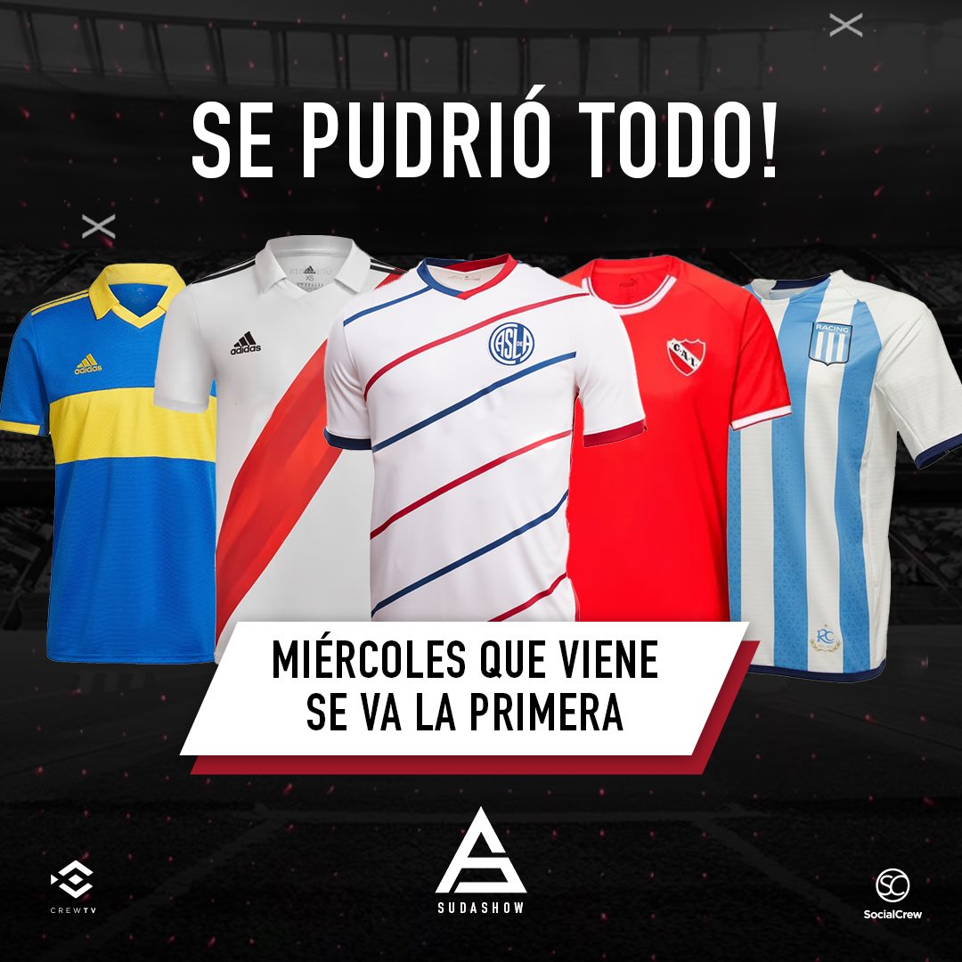 🎁 SE VAN LAS 5 🎁

🔥 Durante los próximos 5 SUDASHOWS (miércoles de 21 a 22 hs) se van las siguientes CINCO CASACAS:

➜ River.
➜ Boca.
➜ Independiente.
➜ Racing.
➜ San Lorenzo.

✅ Seguí a <a href="/santisciola/">Santi Sciola</a>.
✅ Seguí a  <a href="/MartinaBaldiC/">Martina Baldi🏟</a>.
✅ Comentá cuál querés.