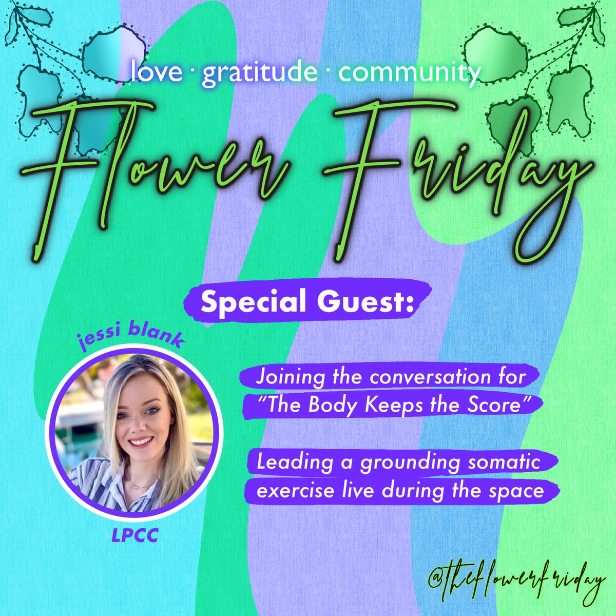 💐 Super excited for <a href="/theFlowerfriday/">Flowerfriday</a> space tonight 💐

Come through for:
• Intentional Gratitude 
• open conversation about “The Body Keeps the Score”
• a Grounding Somatic Exercise led by LPCC <a href="/emanate_jessiB/">Jessi Blank</a> 

Spaces link in comments ⬇️

Cohosted by <a href="/RoweRenders/">Rowe Renders</a> 💁🏽‍♂️
