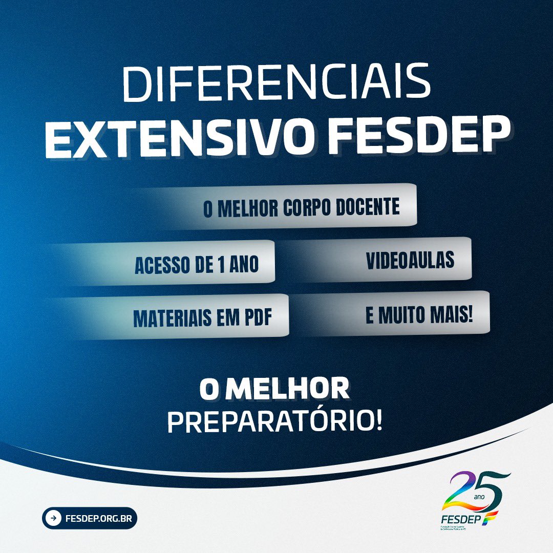 FESDEP's tweet photo. A preparação mais segura para os concursos de carreira jurídica é aqui! 

Quer uma preparação segura, atualizada, videoaulas, materiais em PDF, aulas de prática jurídica e corpo docente de excelência? 
O caminho é o EXTENSIVO FESDEP 2023. 
https://t.co/Nb8FcYhVCb https://t.co/oxfS0u9xFI