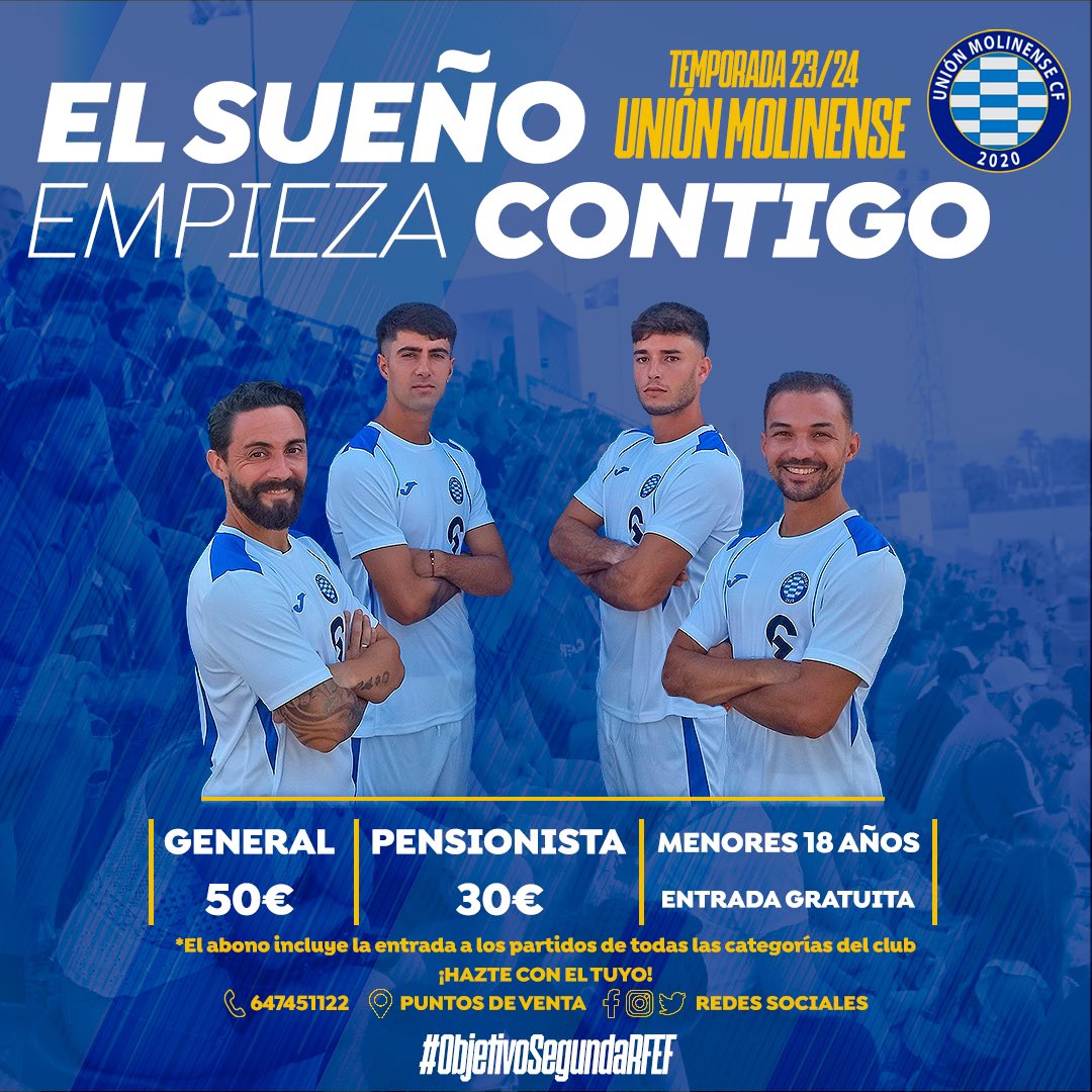 💙 #ElSueñoEmpiezaContigo | #ObjetivoSegundaRFEF

𝐀𝐛𝐨𝐧𝐨 𝐠𝐞𝐧𝐞𝐫𝐚𝐥 - 𝟓𝟎€
𝐀𝐛𝐨𝐧𝐨 𝐩𝐞𝐧𝐬𝐢𝐨𝐧𝐢𝐬𝐭𝐚 - 𝟑𝟎€
-𝟏𝟖 - 𝐄𝐧𝐭𝐫𝐚𝐝𝐚 𝐆𝐫𝐚𝐭𝐮𝐢𝐭𝐚

¡𝙃𝘼𝙕𝙏𝙀 𝘾𝙊𝙉 𝙀𝙇 𝙏𝙐𝙔𝙊!
647451122 / Puntos de venta (próximamente) / Redes sociales