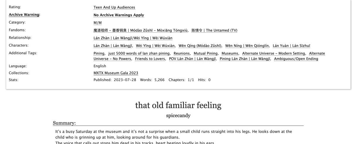 gaycowboyjesus's tweet photo. new fic time! for @MXTXMuseumGala 

"that old familiar feeling" 5.2k

🖌️ meeting your long-lost love in a museum
🖌️ a-yuan is there!
🖌️ lan zhan pining for 5k words
🖌️ open/ambiguous ending

link below ⬇️ https://t.co/1v97JAKSgr