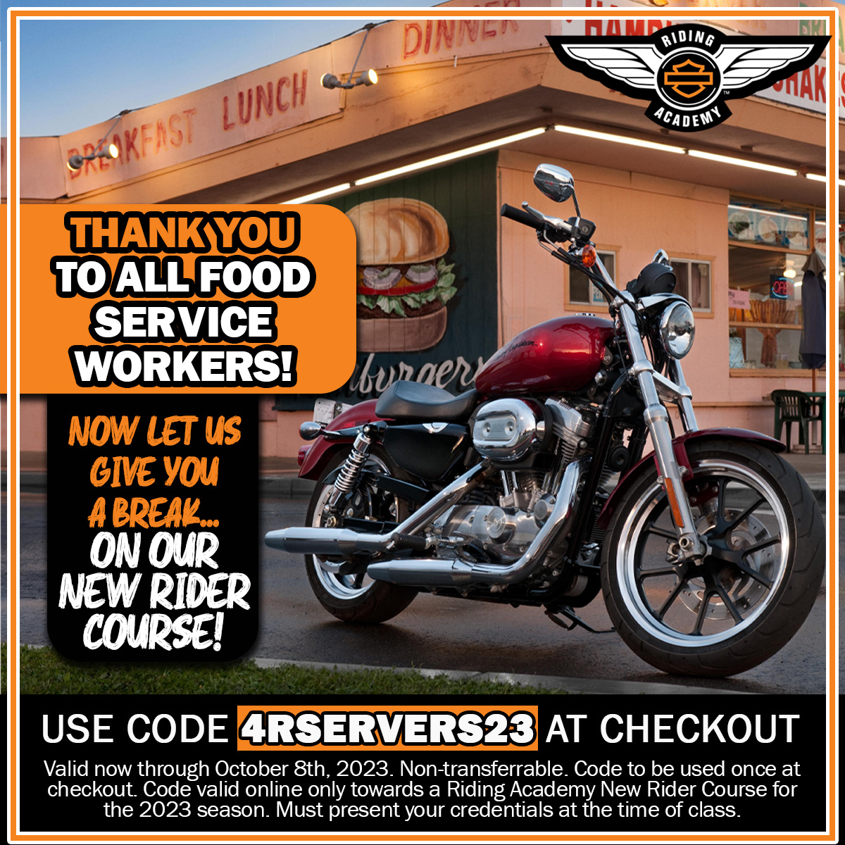 WRHD's tweet image. Time is running out to make 2023 the year you FINALLY learn how to ride! 😮

Food Service workers can use the code 4RSERVERS23 at checkout to get $105 off a Riding Academy New Rider Course - offer ends 10/8/2023. Credentials must be present at time of class.