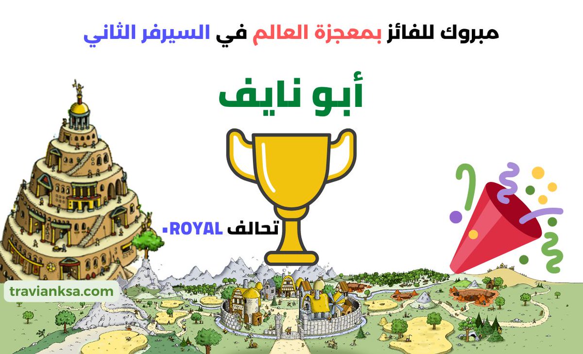 نبارك للاعب الفائز أبو نايف على لقــــــب الفائز في الجـــــولة  الماضية وكسب 50000  ذهب وتسجيل اسمه وتحالفه في لائحة ابطال سعودي ترافيان للعالم 2 وحصوله على وسام معجزة العالم لهذه الجولة. للتسجيل الصفحة الرئيسية للعبة أدناه
travianksa.com
 #النصر_الشباب