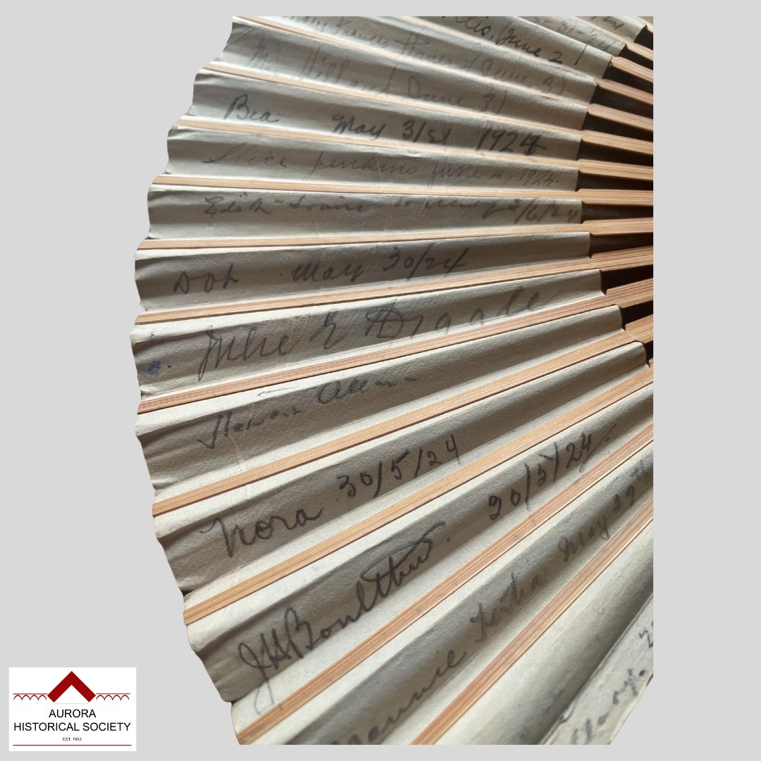 Aurora_HS's tweet photo. #CollectionsCorner This fan is from the Master Bedroom &amp; includes the names of several   Hillary's, relatives, and friends from 1924. Names includes Edith, Dot, Bea, and Katheryn Hillary alongside Mrs. JM Willis, Sue Way, and Victoria and Nicholas Mussen. What a lovely keepsake! https://t.co/L2xxh6LnvM