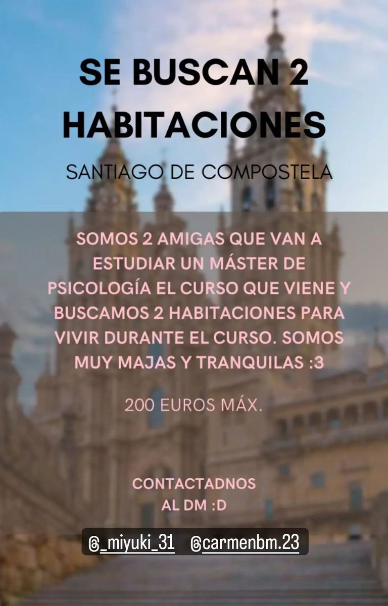 ✨ Holaaa, <a href="/miyuki_aera/">Laura Delgado Lastres</a> y yo buscamos de piso para el curso  2023-2024, en Santiago de Compostela✨

💖Se aprecia difusión 💖