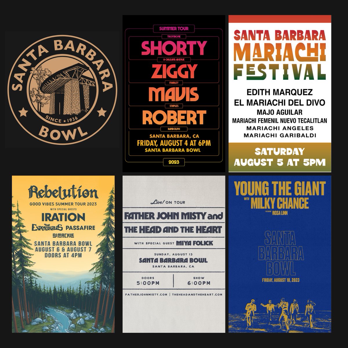 sbBowl's tweet photo. August shows @sbBowl!
@Tromboneshorty & Orleans Avenue, @ziggymarley : 8/4
#SBMF - Santa Barbara Mariachi Festival: 8/5
@RebelutionMusic: 8/6 & 8/7
@fatherjohnmisty + @headandtheheart: 8/13
@youngthegiant w/ @MilkyChance: 8/18
For details & tickets: https://t.co/F9pOpqmahj https://t.co/lQXJJKLpar