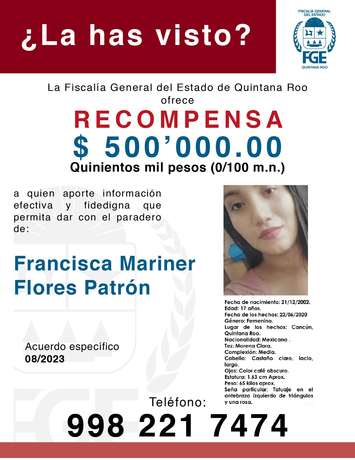 Fiscalía General del Estado de Quintana Roo on X: "La #FGEQuintanaRoo  ofrece una recompensa de 500 mil pesos, a quien aporte información efectiva  y fidedigna que contribuya a la localización de la