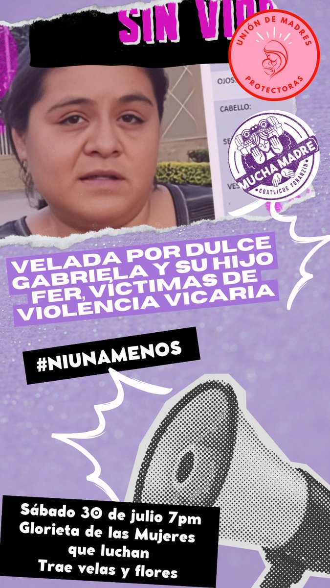 Este sábado despediremos a Dulce Gabriela y Fernando, víctimas de #feminicidio y filicidio por #violenciavicaria Acompáñanos con velas, flores y cruces para honrarlos. Alzamos la voz juntas para que el grito de auxilio de las madres deje de ser ignorado
<a href="/ArruNalli/">Mucha Madre</a> <a href="/UMP_org/">Unión De Madres Protectoras</a> 🖤🕯