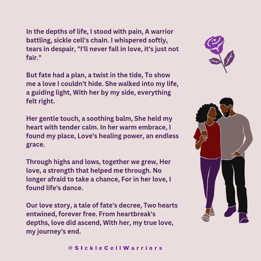 SCWarriorsInc's tweet photo. Love's Triumph; A Sickle Cell Warrior's Journey
#LoveBeyondPain #SickleCellWarriorLove #HealingEmbrace #FateGuidesHearts #EndlessGrace #JourneyToTrueLove https://t.co/gCt3uxD9gt