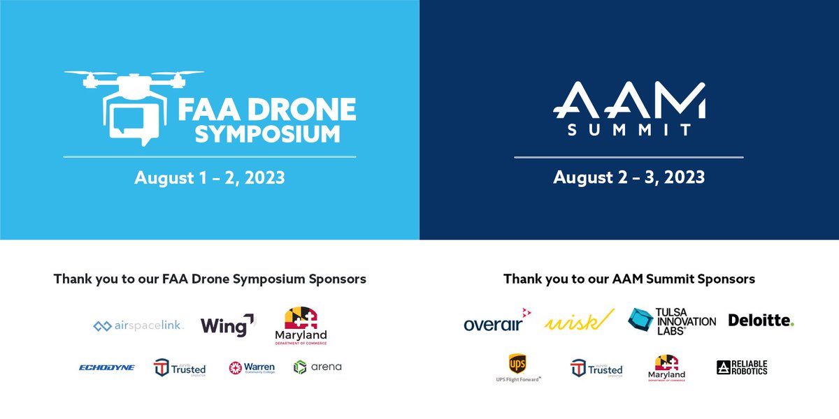 MRobbinsAUVSI's tweet photo. Next Week! @FAANews Drone Symposium &amp; FAA AAM Summit are happening in Baltimore. Hope to see you there for what promises to be fantastic events. Thank you to our sponsors! Learn more and register --> 
Drone Symposium: https://t.co/3K7WFuQYbt
AAM Summit: https://t.co/ajkTV5W4Rg https://t.co/LppZCcDTqR