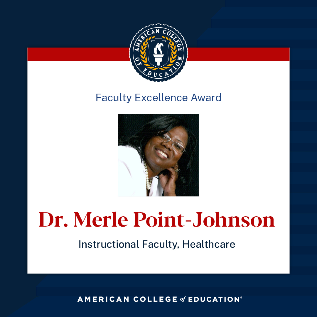 ACEedu's tweet image. Congratulations to Dr. Merle Point-Johnson, recipient of the 2023 Faculty Excellence Award! Dr. Point-Johnson&apos;s students describe her as genuine and supportive. Additionally, she played a critical role in developing our programs in #healthinformatics and #publichealth.