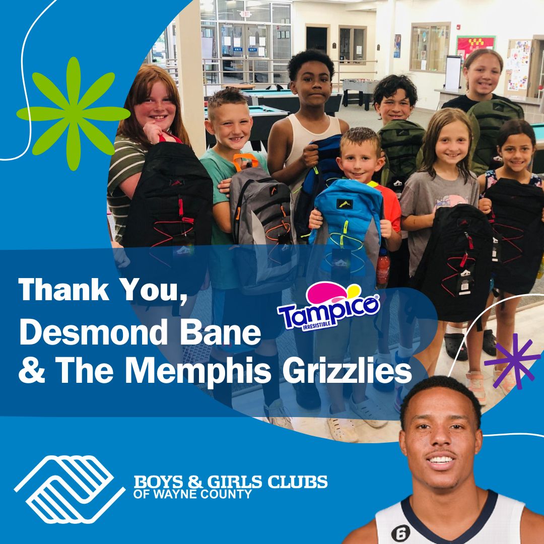 Thank you to Club Alum <a href="/DBane0625/">Desmond Bane</a> and <a href="/memgrizz/">Memphis Grizzlies</a>  for donating 750 backpacks and school supplies to the youth of Wayne County! These are just what we need to get #GreatFutures started.