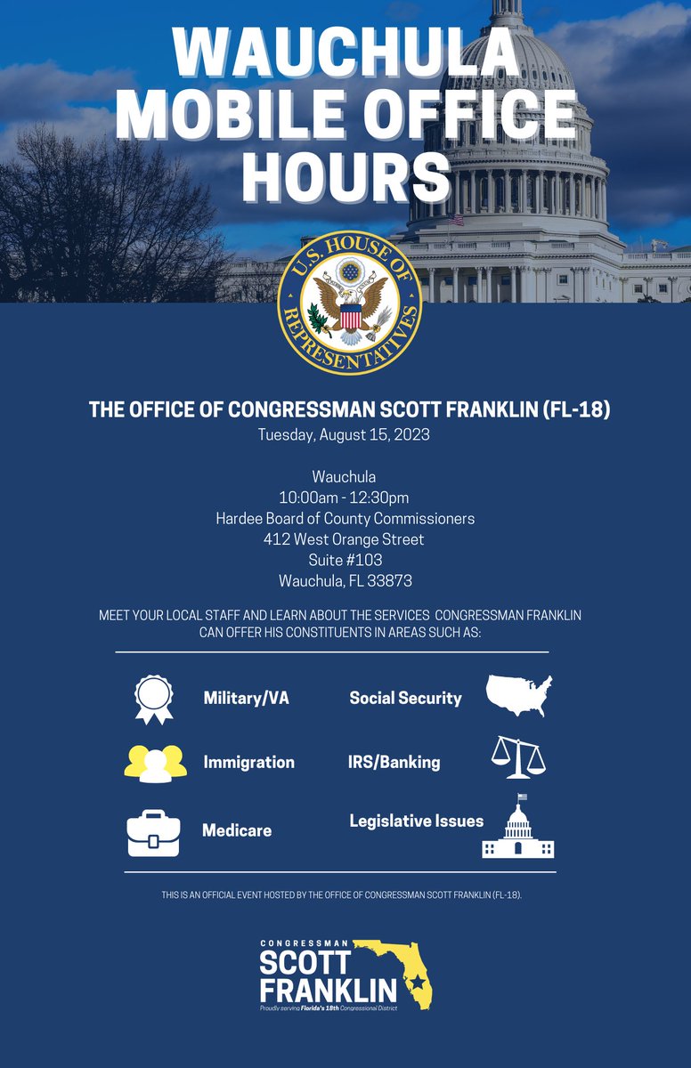 RepFranklin's tweet photo. Calling all Wauchula #FL18 constituents! Our team will be hosting Mobile Office Hours at the Wauchula Hardee Board of County Commissioners on Tuesday, August 15th, 2023.
Register for an appointment here: https://t.co/XQJUHhQywY https://t.co/j3MRh9fJAJ