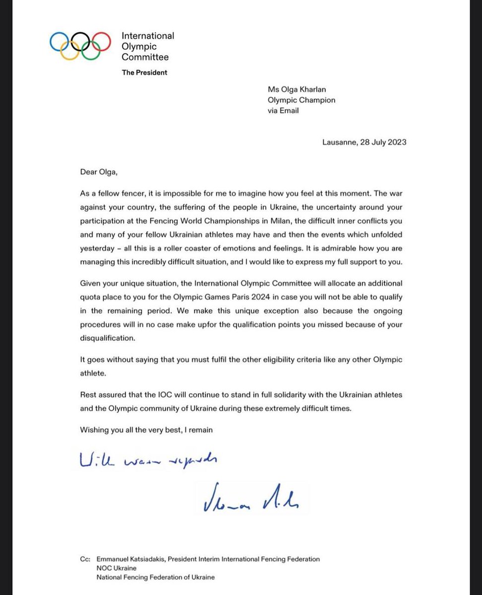 Il presidente del CIO Bach scrive a Olha Kharlan: alle Olimpiadi di #Paris2024 ci sarà comunque un posto per lei #Milan2023