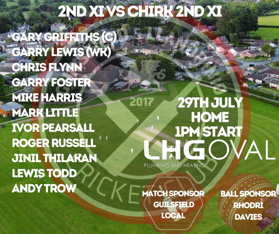 Team News for tomorrow’s fixtures, 1sts travel to table toppers @WheatonAstonCC in a top of the table clash. 2nds host @ChirkCC 2nds Huge thanks to Guilsfield Local our match sponsor and Rhodri Davies, ball sponsor 🙏 @mansfieldsportg @ShropCCLeague