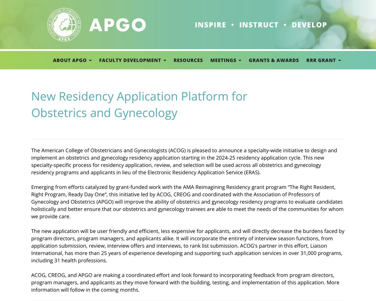 Over 25 years ago, OB/GYN programs were the first to pilot the AAMC’s new “Electronic Residency Application Service.”

But starting next year, OB/GYN will stop using ERAS and begin using a different residency application system.

(🧵)