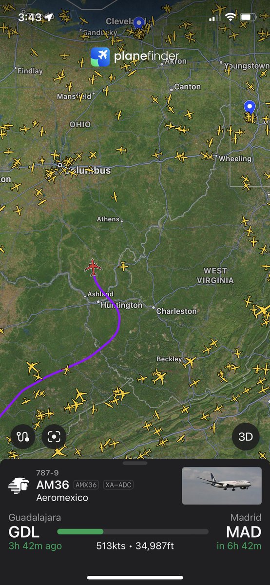 SamSagnella's tweet photo. AeroMexico Flight #AM36, the only commercial aircraft currently along the WV/OH border, noped hard at the prospect of flying into the severe thunderstorms along its flight path to Madrid, Spain. #WVwx
Not sure why they didn’t take the long way around them like everyone else. https://t.co/jh9eh9RME5