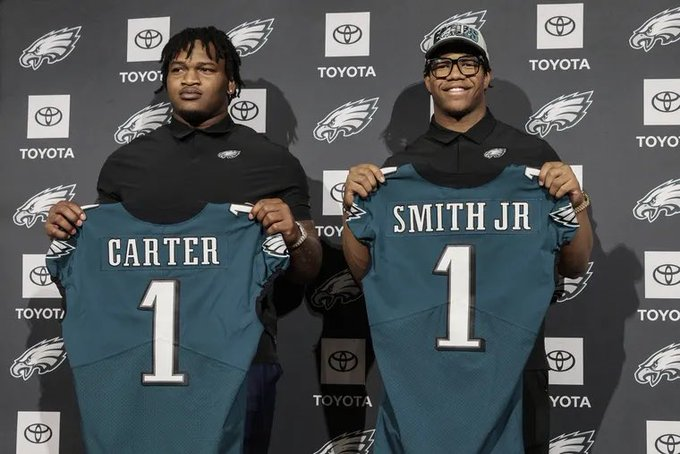nflrums's tweet photo. Philadelphia Eagles Nolan Smith and Jalen Carter have been the talk of camp with their shedding of double teams.

One veteran said this is the two best rookies I have seen in a while. https://t.co/rliHiH4ISC