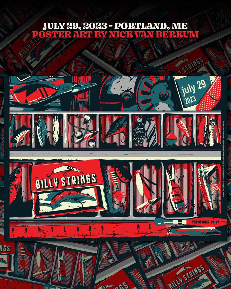 BillyStrings's tweet photo. Angling for a big weekend in Portland 🎏 Prints tackled by @nickvanberkum 

There will be an outdoor merch tent with posters and select tour merch at 4pm ET for ticket holders only!

We’ll also have 2 merch locations inside the venue grounds. https://t.co/BqtDHpuMdA