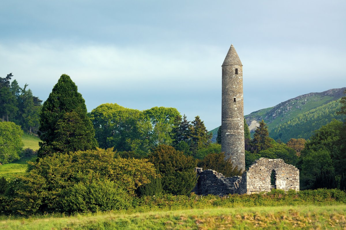 Round Tower in Glendalough, A glacial valley in County Wicklow, Ireland. NMP.